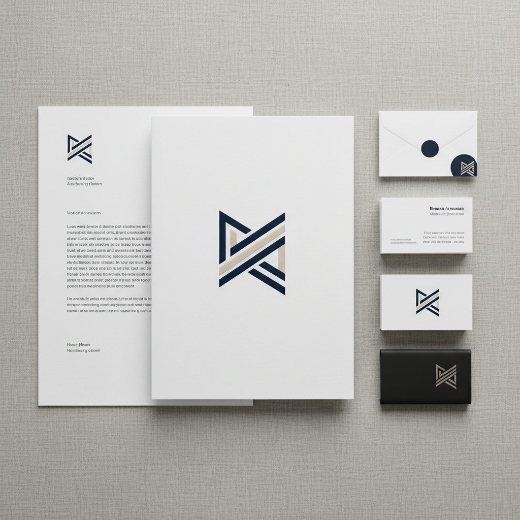 A meticulously arranged flat lay of a complete brand identity system displayed on a warm grey linen surface. At the center sits a pristine white presentation folder with a bold, geometric logo, surrounded by matching letterhead, business cards, a minimalist envelope, and a sleek matte-black USB drive. Each piece shares the same refined color palette of deep navy, soft beige, and crisp white. Neutral overhead studio lighting evenly illuminates the scene, emphasizing paper textures, embossing, and subtle gloss finishes without harsh shadows. Captured from a pure top-down, bird’s-eye view, the composition uses precise spacing and alignment to echo professional design grids. The photographic, clean, and modern style communicates structure, consistency, and thoughtful brand creation.
