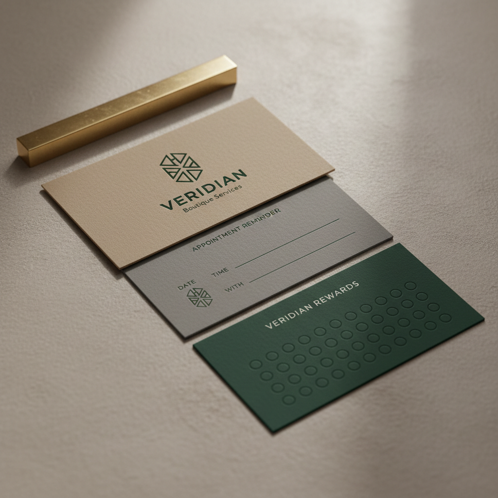 A refined trio of brand collateral items for a boutique service brand: a vertically oriented business card, a folded appointment card, and a slim loyalty card, all in muted tones of stone, warm taupe, and deep forest green. They are carefully staggered on a soft, matte plaster surface, with a narrow brass paperweight holding the corner of the top card. Gentle side lighting from the right produces delicate shadows that highlight the thickness and quality of the card stock. Captured from a close, slightly elevated angle with shallow depth of field, the focus rests on the primary logo and typography. The photographic realism and understated mood emphasize tactility, elegance, and attention to detail in branding.