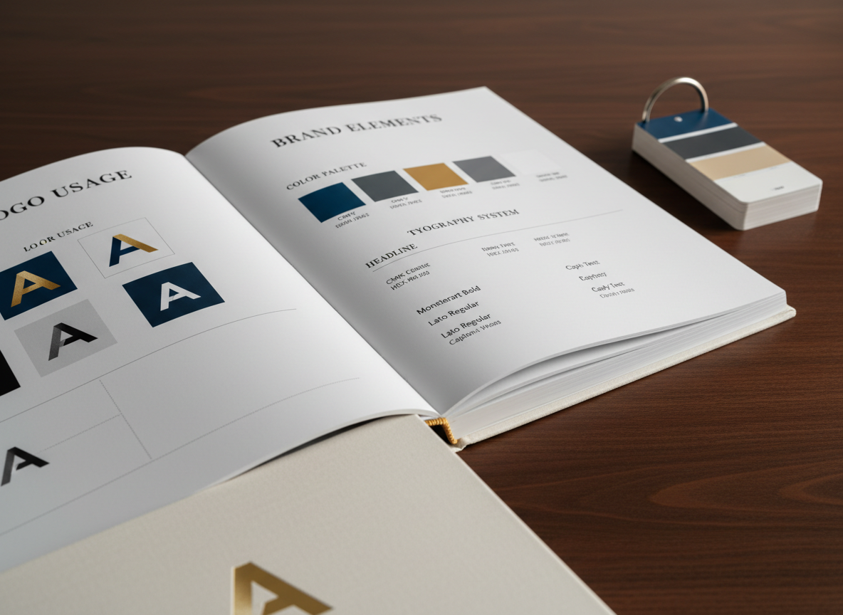 A close-up of a luxurious brand guideline book opened to a spread showing a logo usage page on the left and a color palette and typography system on the right. The book has a thick, textured off-white cover and heavy, satin-finish pages with precise printing and ample white space. It lies on a dark walnut table with a smooth grain, next to a neatly arranged stack of color swatch cards secured by a metal ring. Soft studio lighting from above creates even illumination, delicate highlights on the page edges, and subtle shadows along the book’s spine. Photographed from a low, side angle with a medium depth of field, the image feels refined, authoritative, and perfectly aligned with professional brand building.