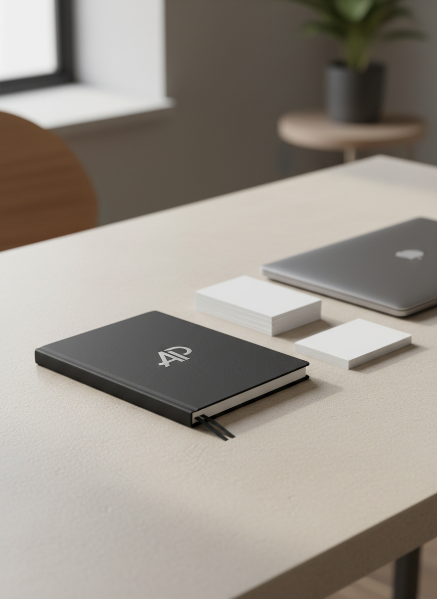 A sleek, minimal brand workspace featuring a single matte-black hardcover notebook embossed with a subtle silver monogram logo at its center. The notebook rests on a pale concrete desk with a fine, sand-like texture, beside a carefully aligned set of blank white business cards and a closed slim aluminum laptop. Soft, diffused daylight pours in from an unseen window to the left, creating gentle gradients and crisp, professional shadows. Shot from a slightly elevated, three-quarter angle with a shallow depth of field, the focus stays on the monogram and cards while the background fades into a soft blur. The photographic realism and clean, modern aesthetic convey clarity, precision, and professional brand building.