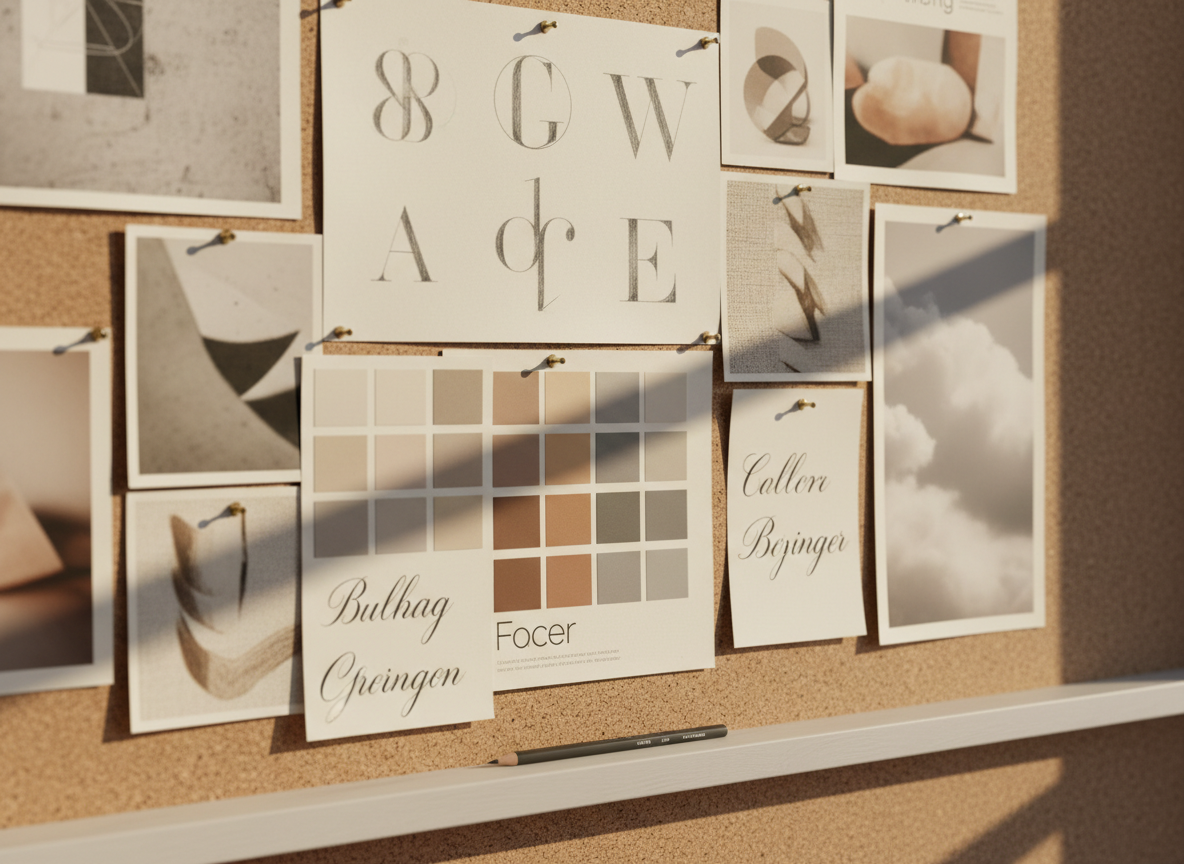 A high-end, neutral-toned brand strategy board pinned to a cork wall, filled with carefully arranged logo sketches, color swatches, typography samples, and printed mood images of abstract shapes and textures. A slim graphite pencil and a metal ruler rest on a narrow white ledge below the board. Soft afternoon light enters from the right, grazing across the board and casting elongated, elegant shadows that emphasize layers of paper and pinheads. Shot at eye level with a slight angle to create depth, the central area remains in sharp focus while edges fall into a gentle blur. The photographic realism and calm, professional mood suggest a thoughtful, strategic branding process in progress.
