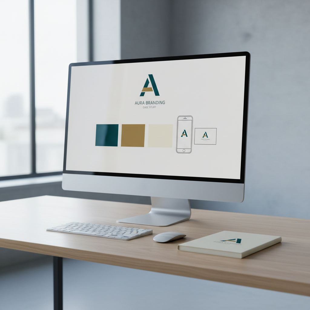 A polished branding presentation scene on a large, ultra-thin monitor displaying a full-screen, minimalist brand case study slide featuring a logo, color blocks, and simple mockup imagery. The monitor sits on a clean, light oak desk with a satin finish, accompanied only by a wireless keyboard and a single branded notebook matching the colors on screen. Cool, diffused light from a wide window behind the camera softly illuminates the space, reducing glare while adding subtle reflections on the monitor’s bezel. Shot from a slightly off-center, eye-level perspective with a wide, cinematic framing, the photographic composition communicates clarity, professionalism, and the digital side of brand building.