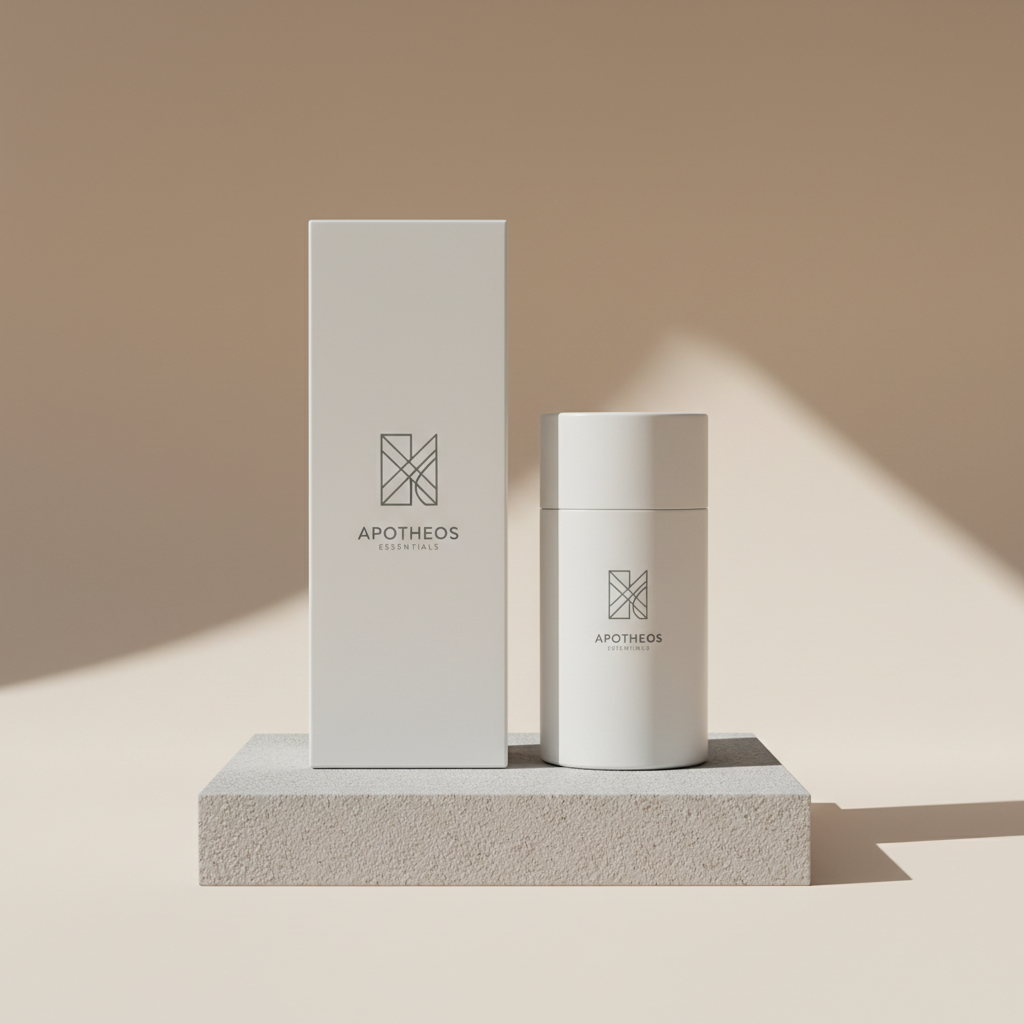 An elegant product packaging concept consisting of a tall rectangular matte-white box and a matching cylindrical container, both adorned with a minimal, geometric logo and understated typography in charcoal grey. They stand on a seamless light beige backdrop, placed upon a low, square concrete plinth with a finely speckled surface. Directional studio lighting from the upper left creates a dramatic yet controlled contrast, with sharp, clean shadows falling to the right and subtle rim highlights defining each edge. Captured at eye level with a centered, symmetrical composition and crisp focus throughout, the photographic image feels bold, contemporary, and meticulously designed, ideal for showcasing sophisticated brand packaging.